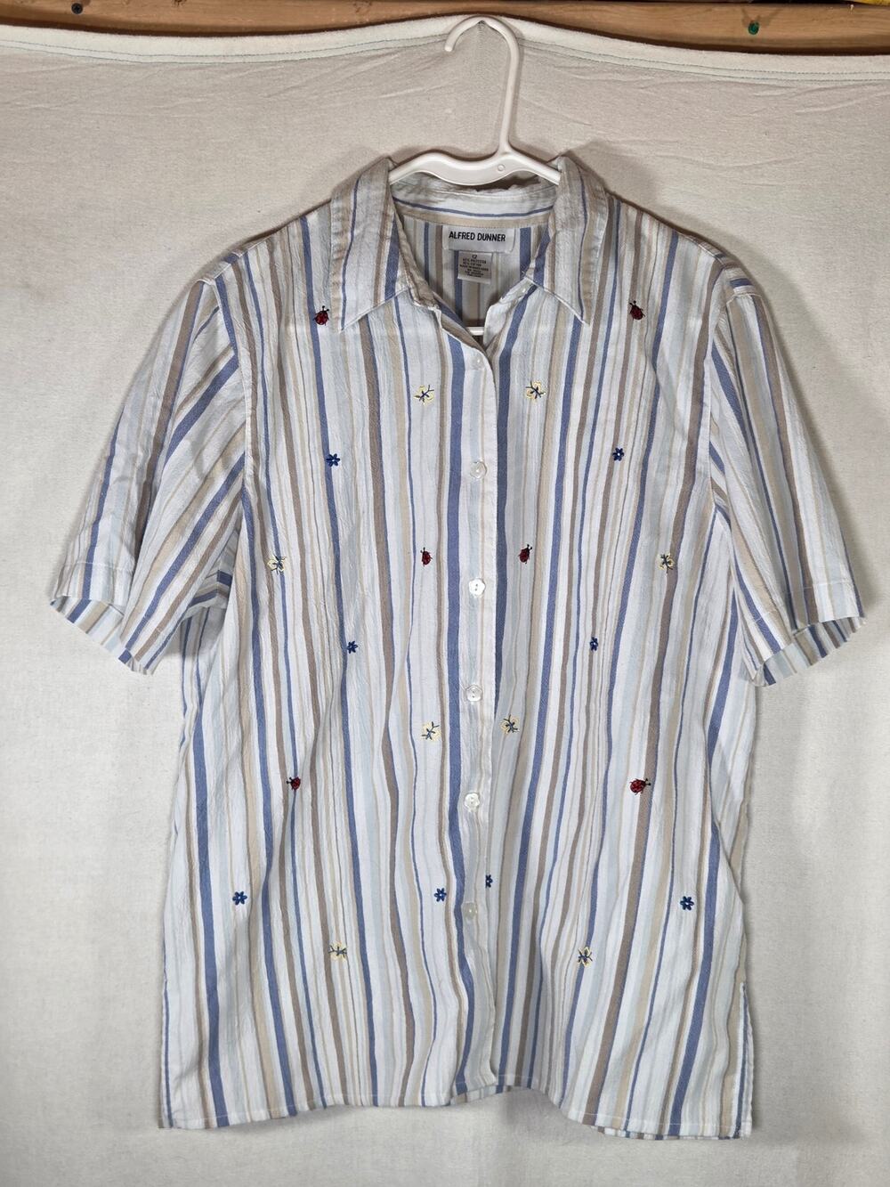 VTG Alfred Dunner Embroidered Ladybug Floral Striped Short Sleeve Shirt Sz 12
